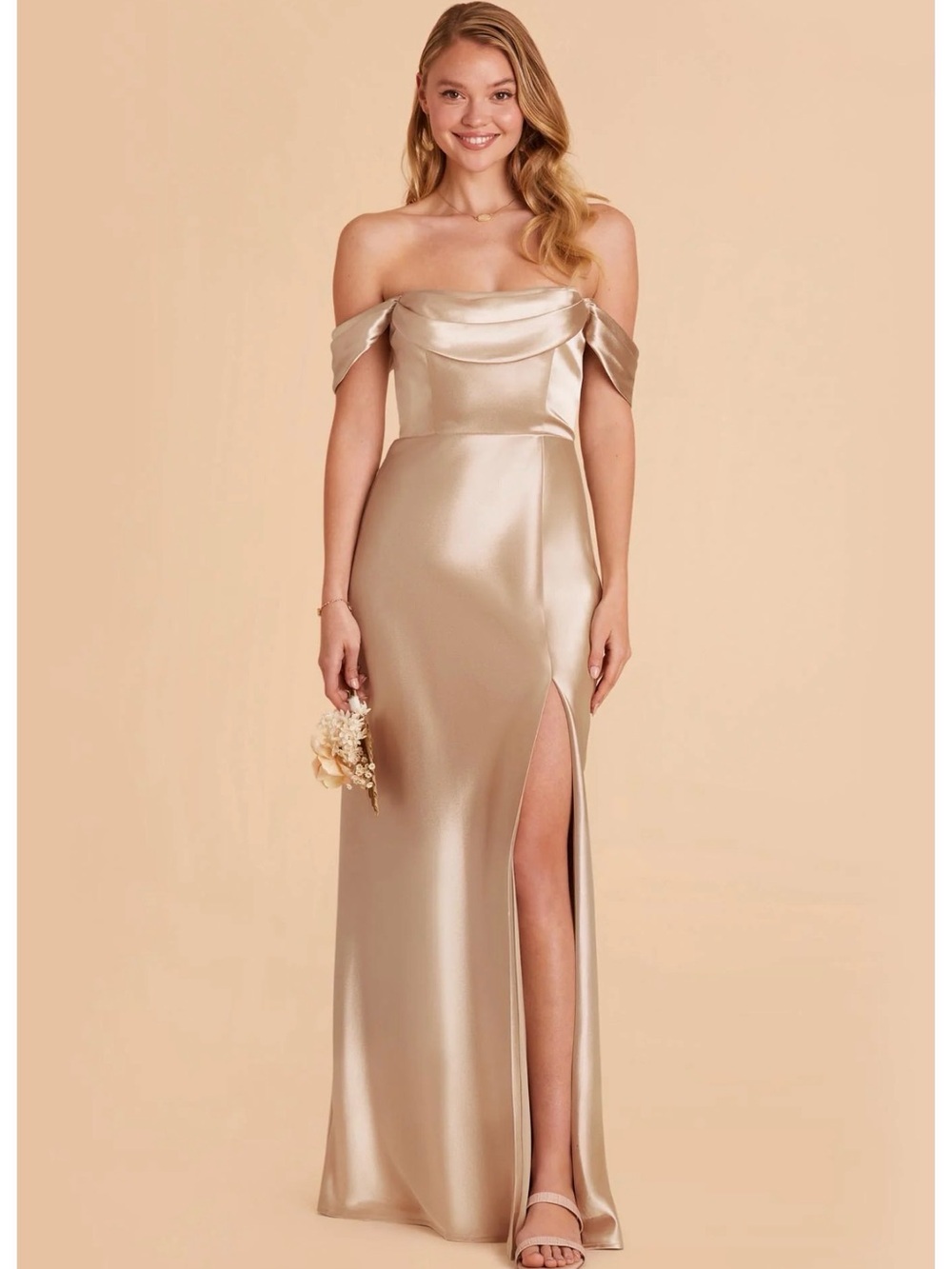 Birdy Grey Shiny Satin Mia Dress in Neutral Champagne color